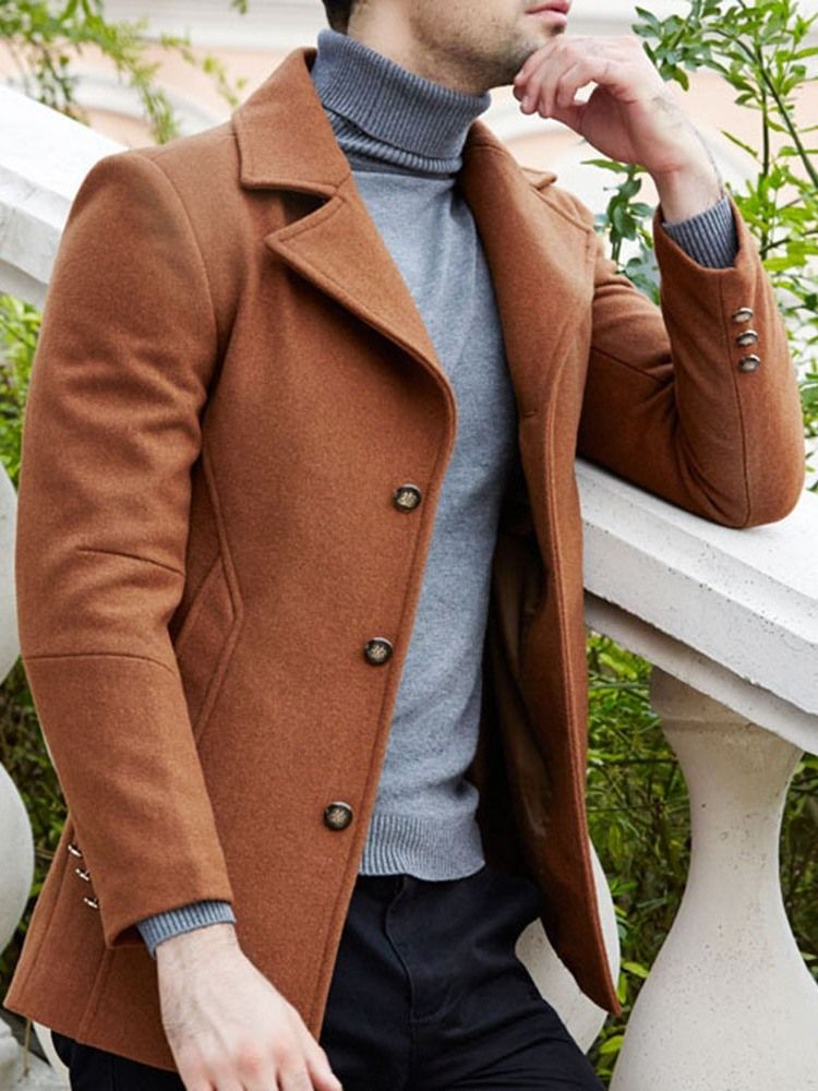 Plain Notched Lapel Mens Casual Slim Wool Coat