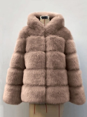 Hooded Plain Mid-length Thick Loose Dame Faux Fur Overcoat