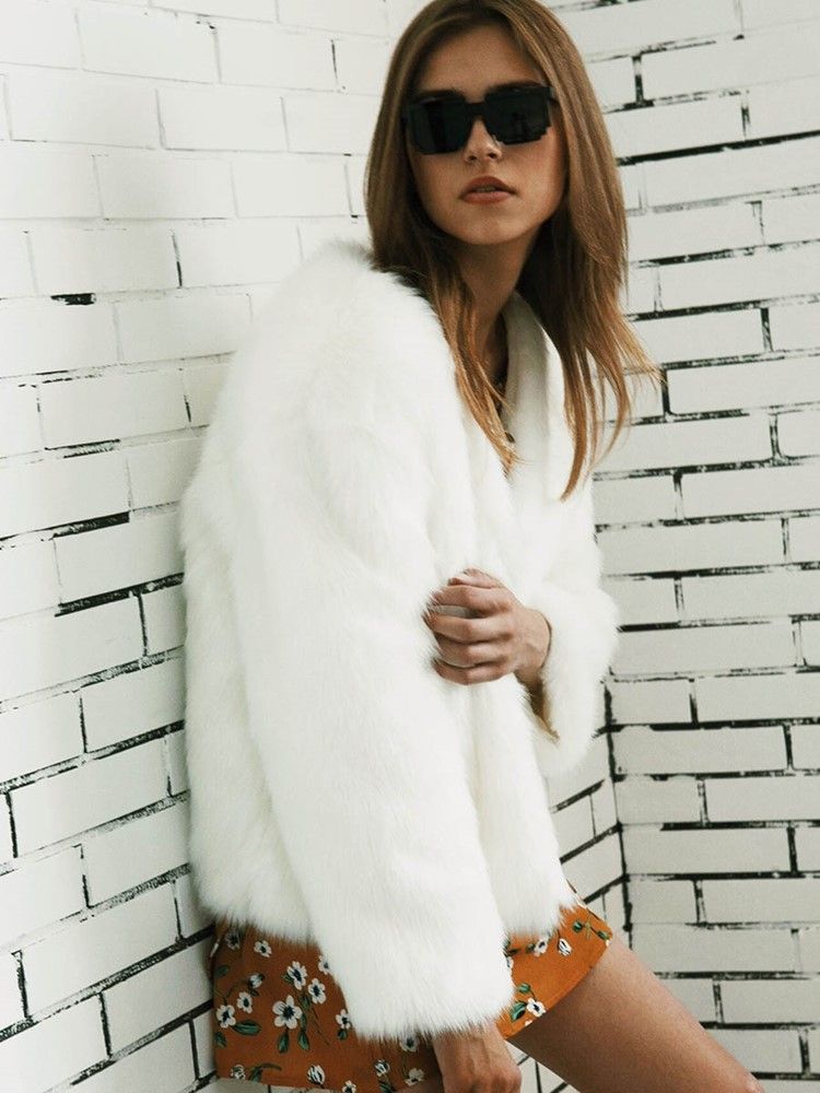 Kvinner Loose Plain Faux Fur Coat