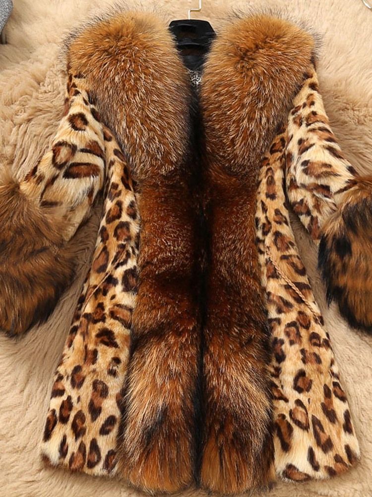 Kvinner Slim Patchwork Leopard Faux Fur Coat