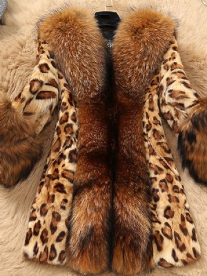 Kvinner Slim Patchwork Leopard Faux Fur Coat