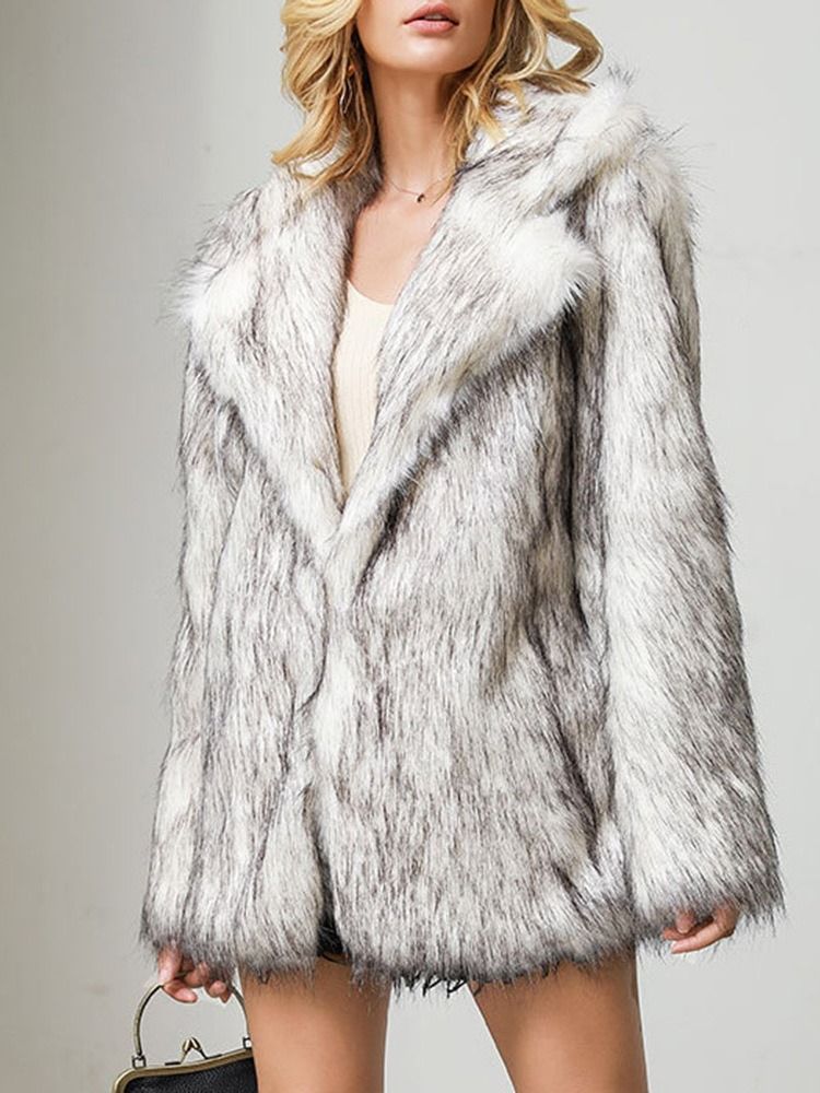 Kvinners Revers Mid-lengde Regular Winter Loose Faux Fur Overcoat