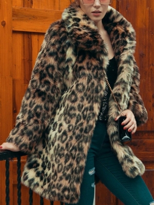 Lapel Mid-length Leopard Winter Loose Faux Fur Overcoat For Kvinner