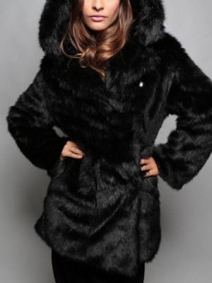 Mid-length Hooded Regular Loose Dame Faux Fur Overcoat