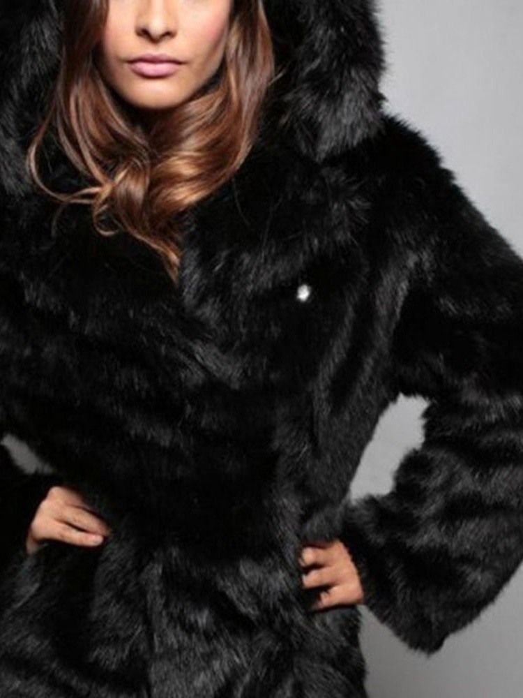 Mid-length Hooded Regular Loose Dame Faux Fur Overcoat