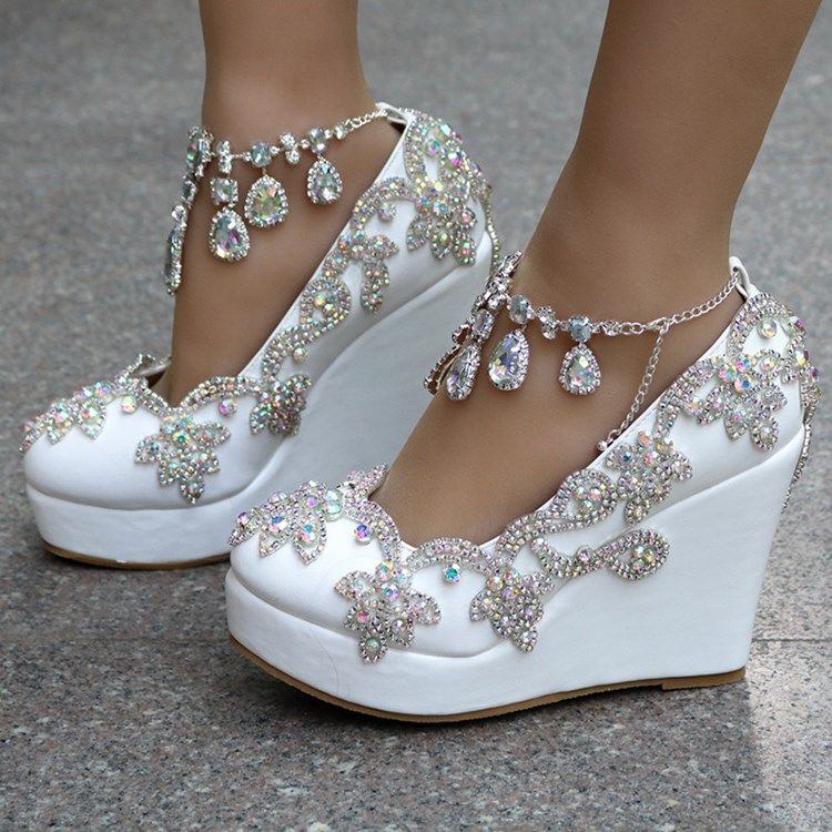 Kvinner Rhinestone Kjede Platform Kile Hæl Ballsko