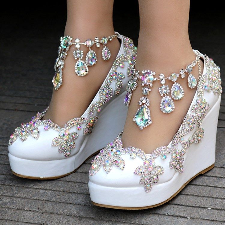 Kvinner Rhinestone Kjede Platform Kile Hæl Ballsko