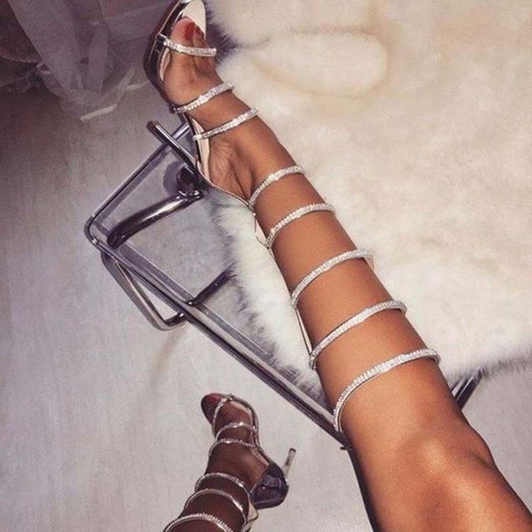 Rhinestone Stiletto Heel Heel Covering Zipper Dame Sandals