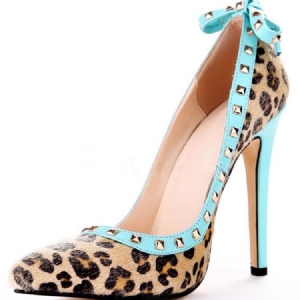 Rivet Leopard Stiletto Heel Pointed Toe Bow Dame Pumps