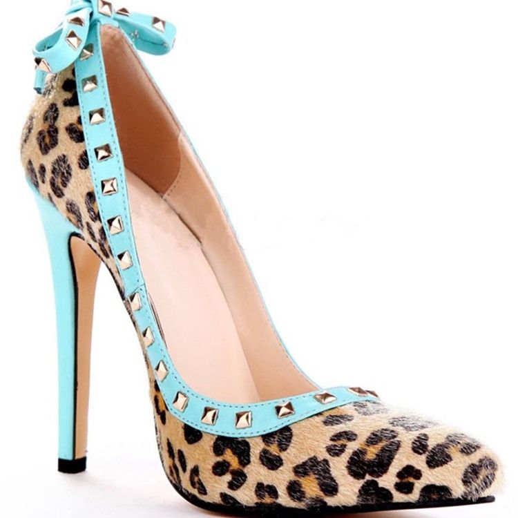 Rivet Leopard Stiletto Heel Pointed Toe Bow Dame Pumps