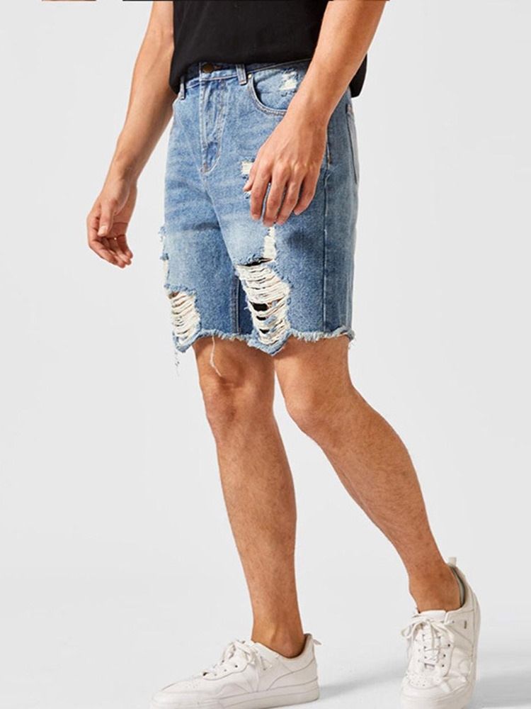 Button Straight European Glidelås Denim Shorts For Menn