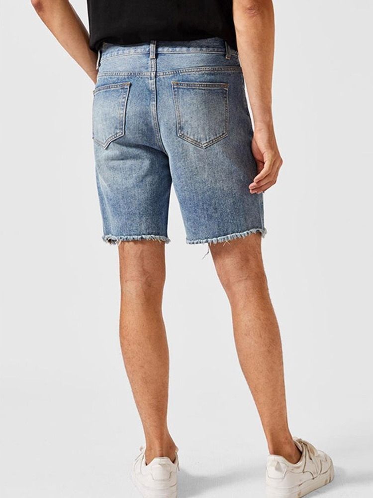 Button Straight European Glidelås Denim Shorts For Menn