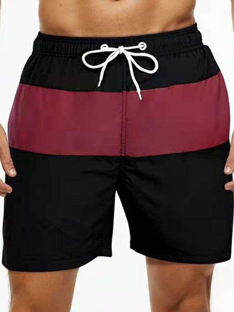 Color Block Lace-up Straight Mid Waist Shorts For Menn