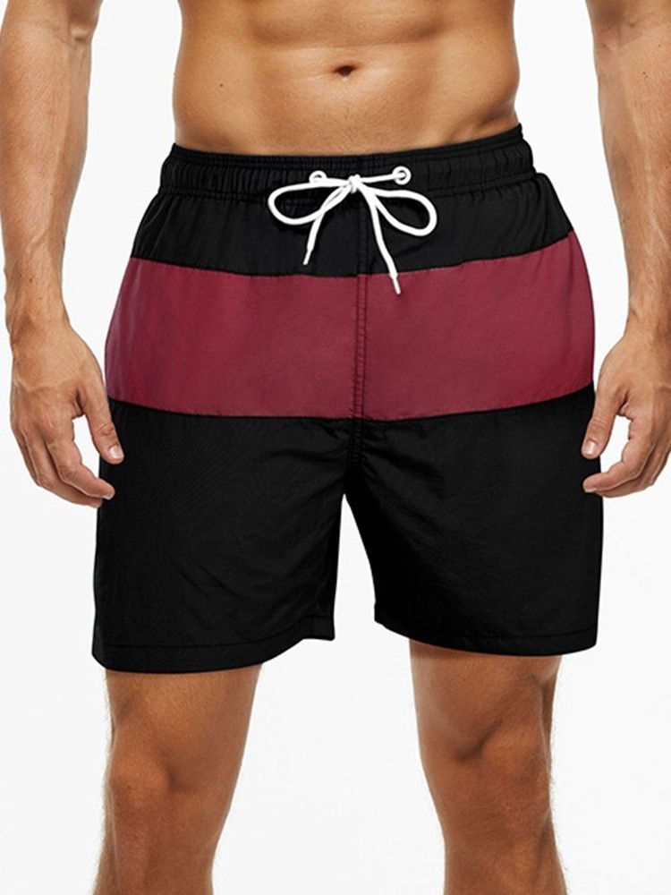 Color Block Lace-up Straight Mid Waist Shorts For Menn