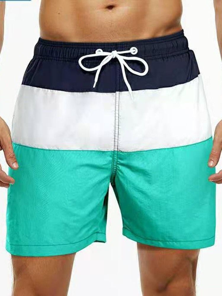 Color Block Lace-up Straight Mid Waist Shorts For Menn