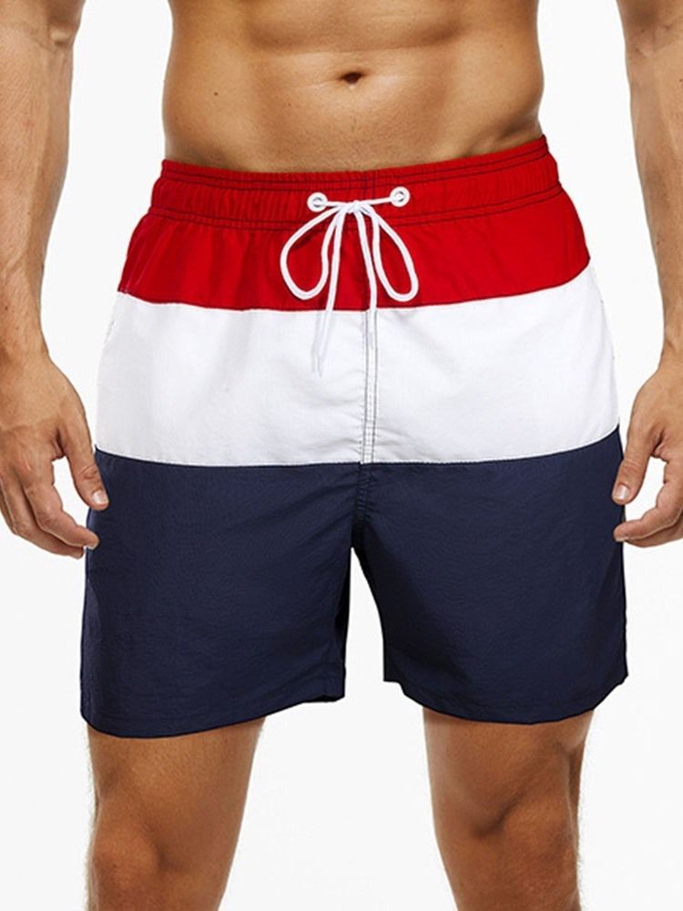 Color Block Lace-up Straight Mid Waist Shorts For Menn