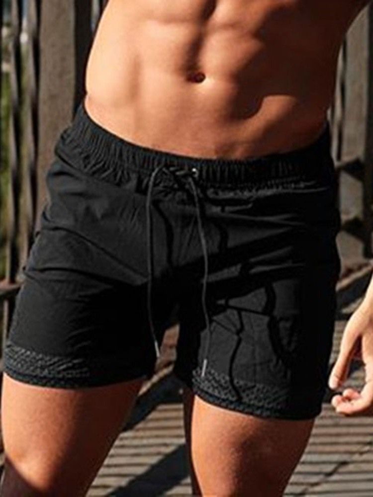 Lace-up Slim Plain Casual Mid Waist Herre Shorts