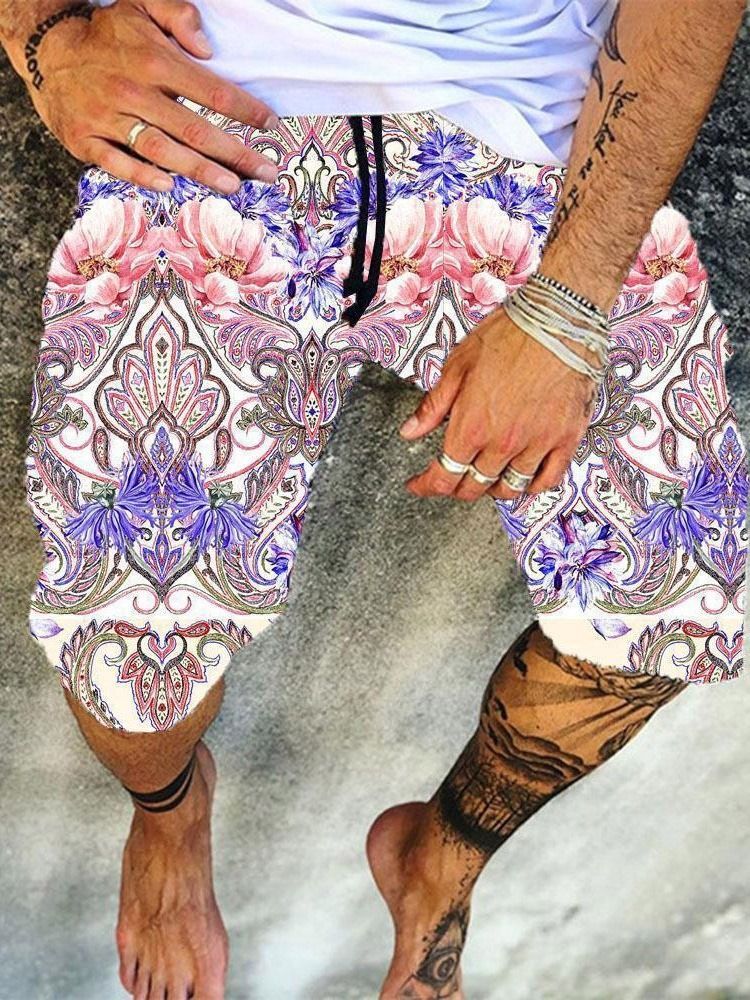 Lace-up Straight Floral Beach Shorts For Menn