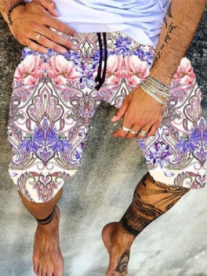 Lace-up Straight Floral Beach Shorts For Menn