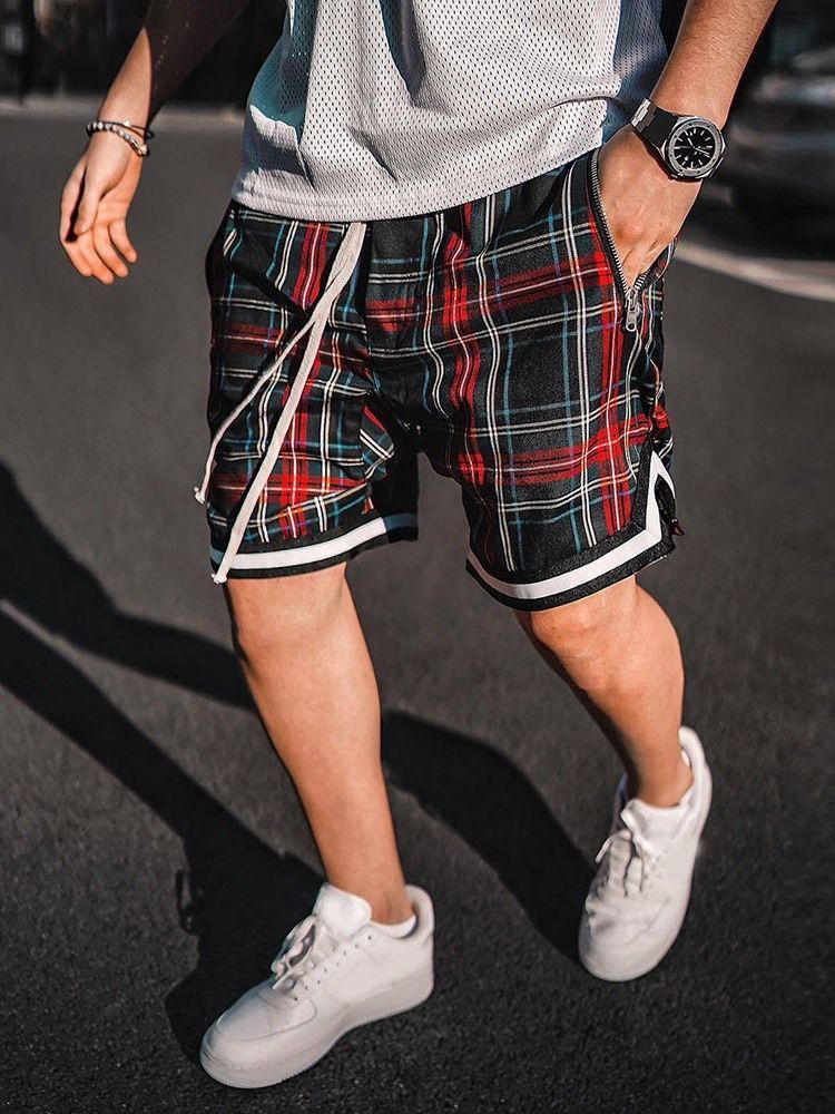 Plaid Loose Casual Lace-up Shorts For Menn