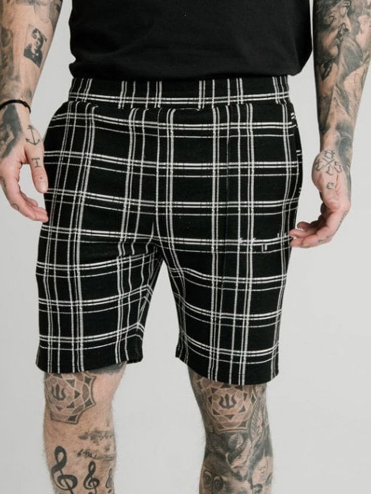 Plaid Pocket Elastics Casual Shorts For Menn