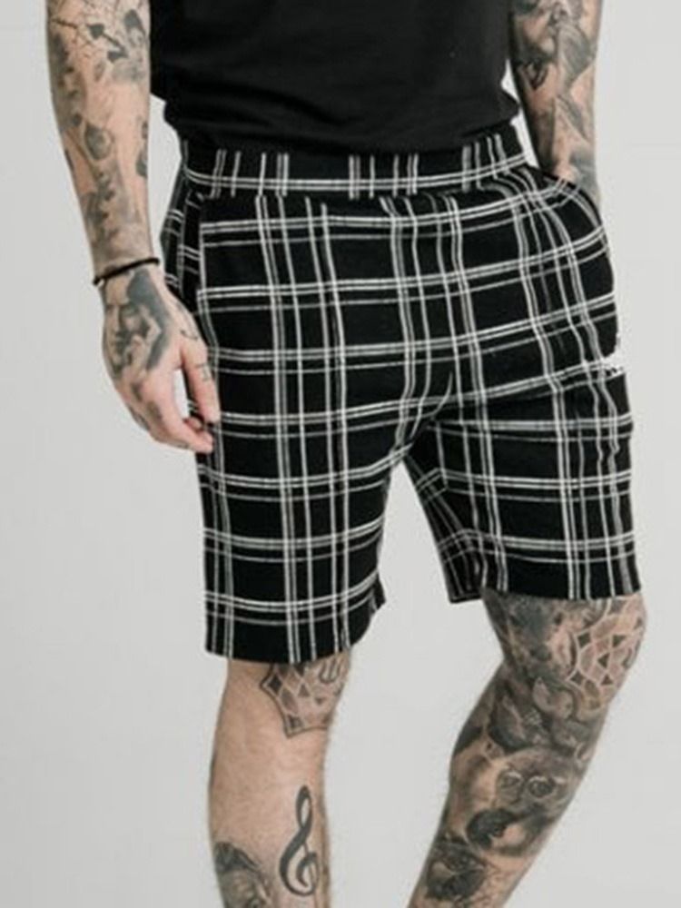 Plaid Pocket Elastics Casual Shorts For Menn