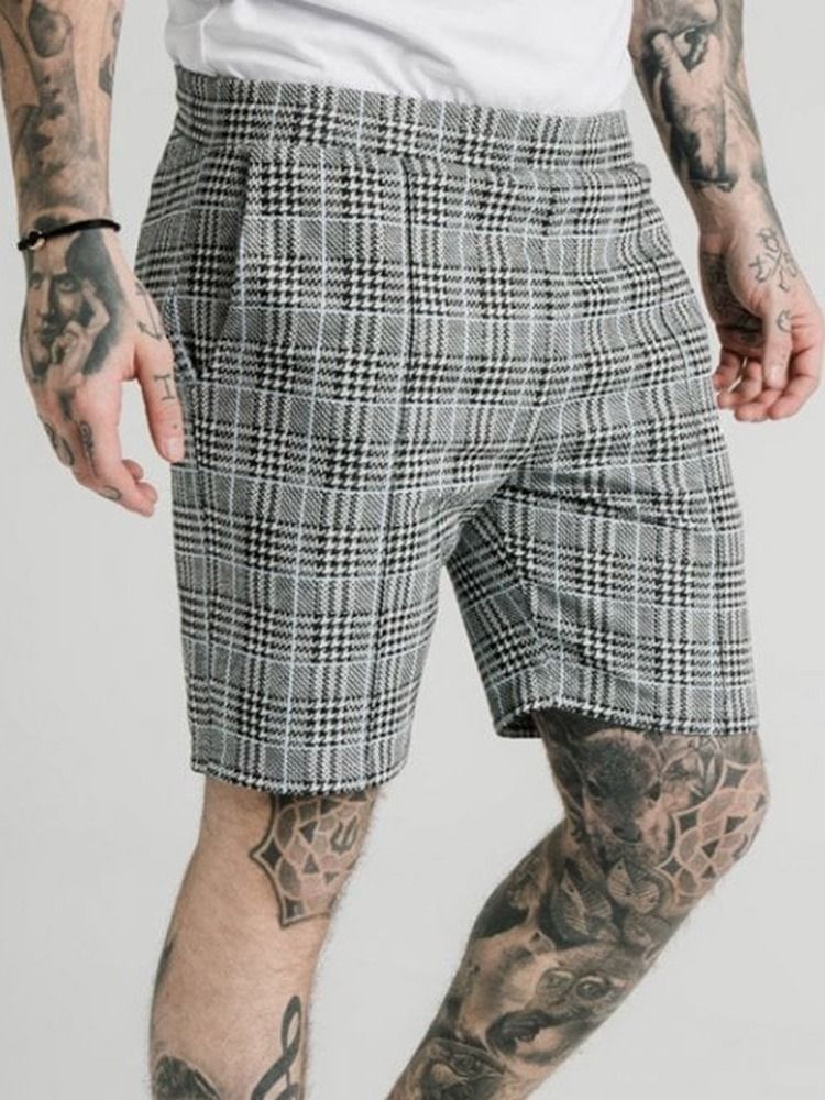 Plaid Pocket Elastics Casual Shorts For Menn