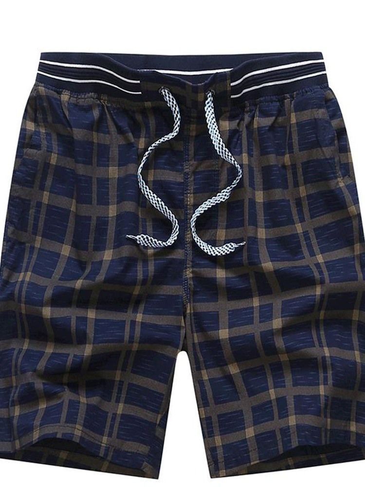 Plaid Straight Mid Waist Lace-up Shorts For Menn