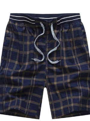 Plaid Straight Mid Waist Lace-up Shorts For Menn