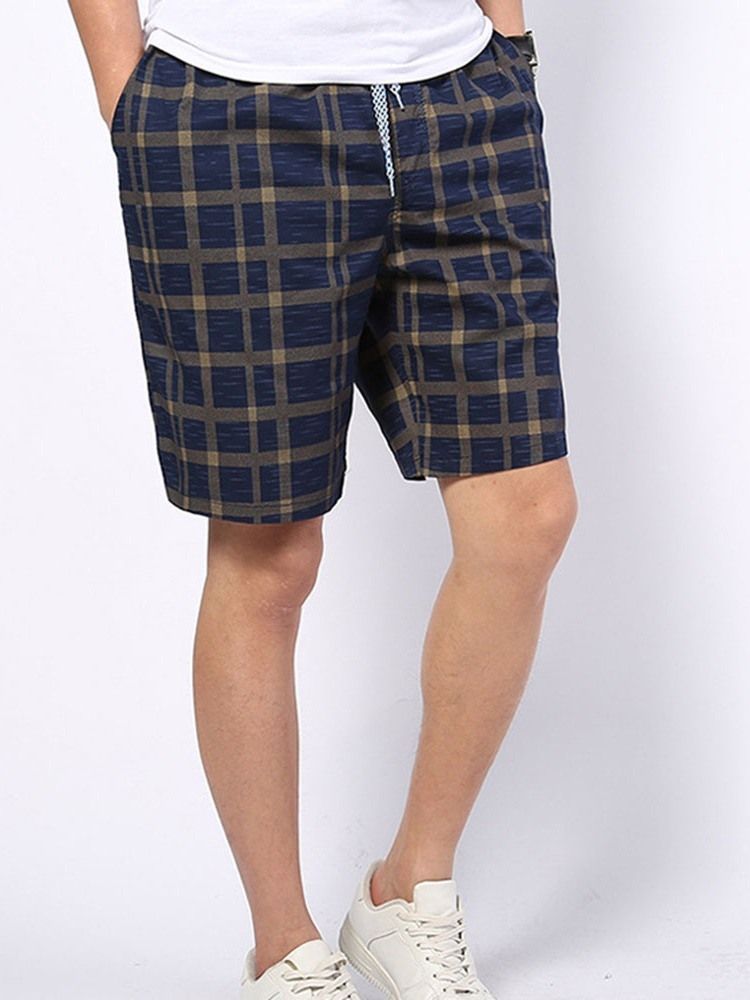 Plaid Straight Mid Waist Lace-up Shorts For Menn