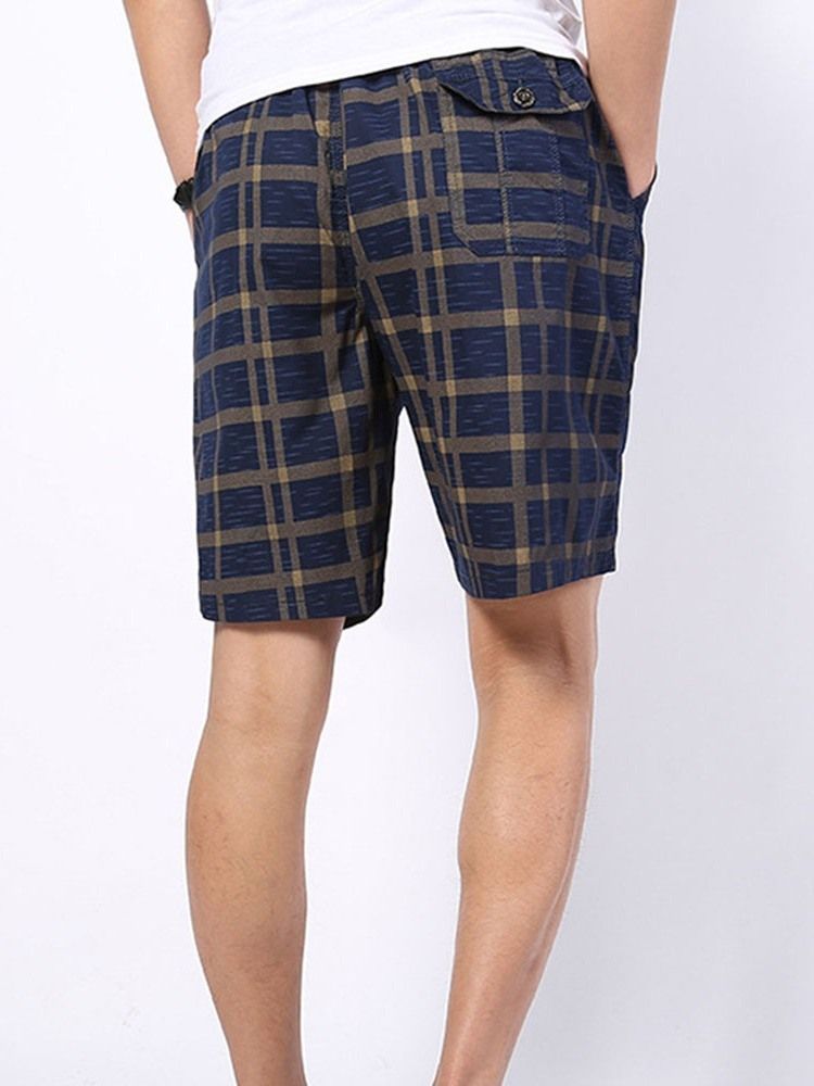 Plaid Straight Mid Waist Lace-up Shorts For Menn