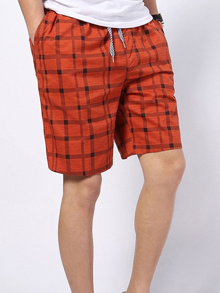 Plaid Straight Mid Waist Lace-up Shorts For Menn