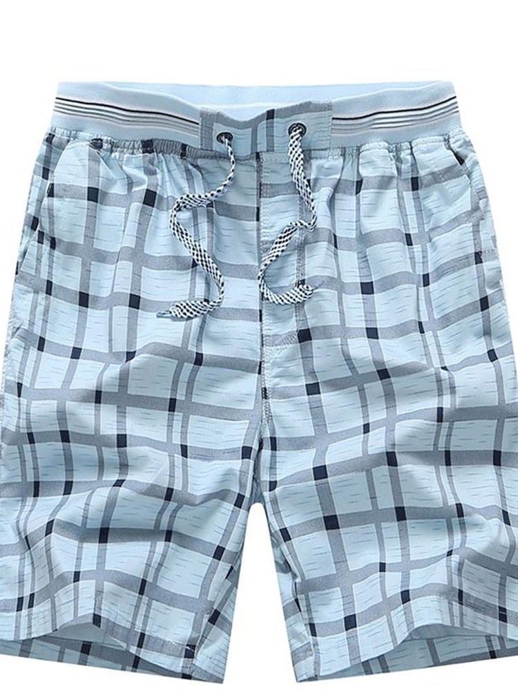 Plaid Straight Mid Waist Lace-up Shorts For Menn