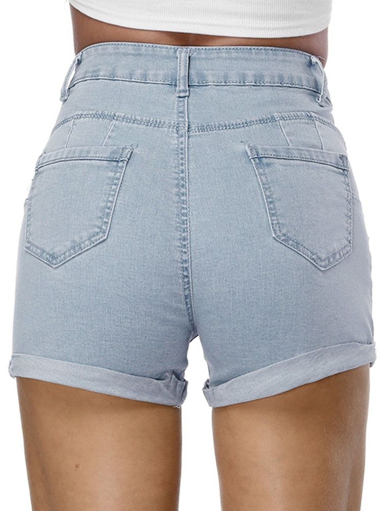 Plain Denim Mid-waist Shorts For Kvinner