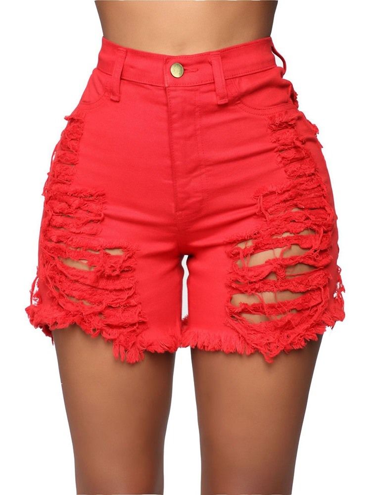 Plain Denim Ripped High Waist Slim Shorts For Kvinner