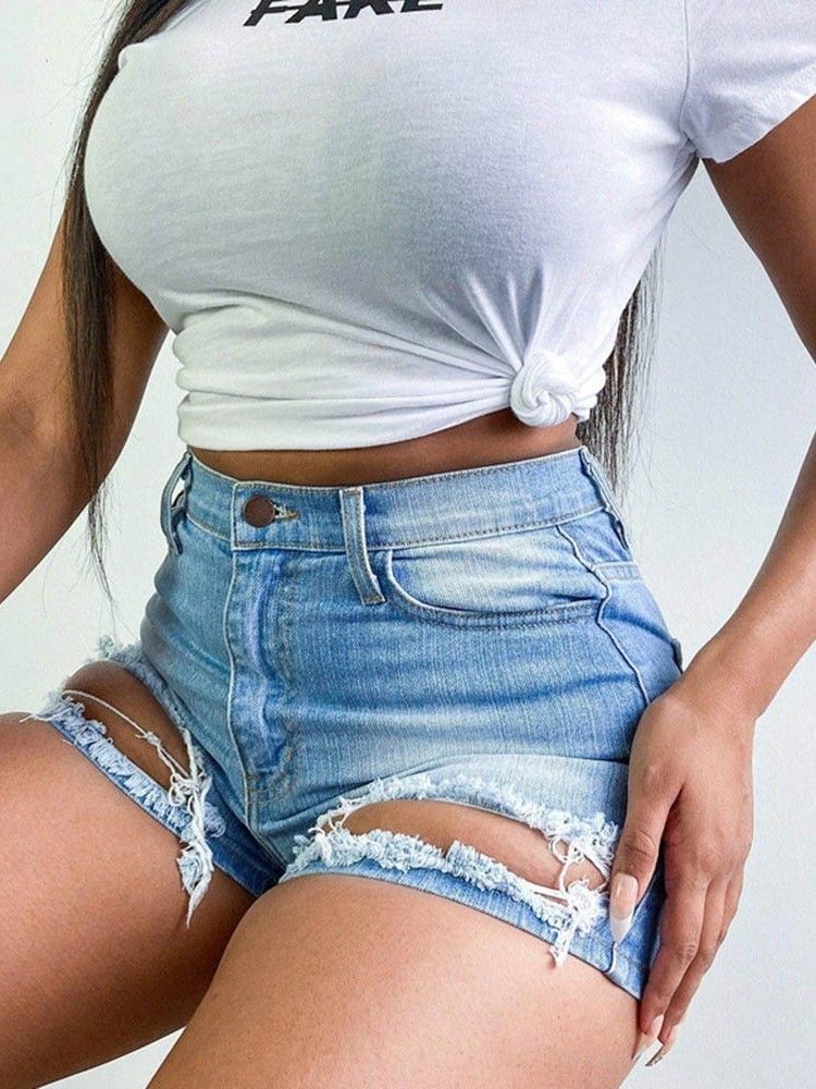 Plain Hole High Waist Skinny Dame Shorts