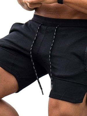 Plain Lace-up Straight Mid Waist Lace-up Herre Shorts