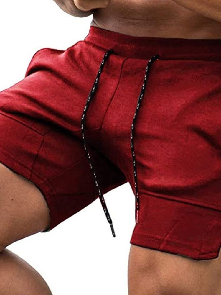 Plain Lace-up Straight Mid Waist Lace-up Herre Shorts