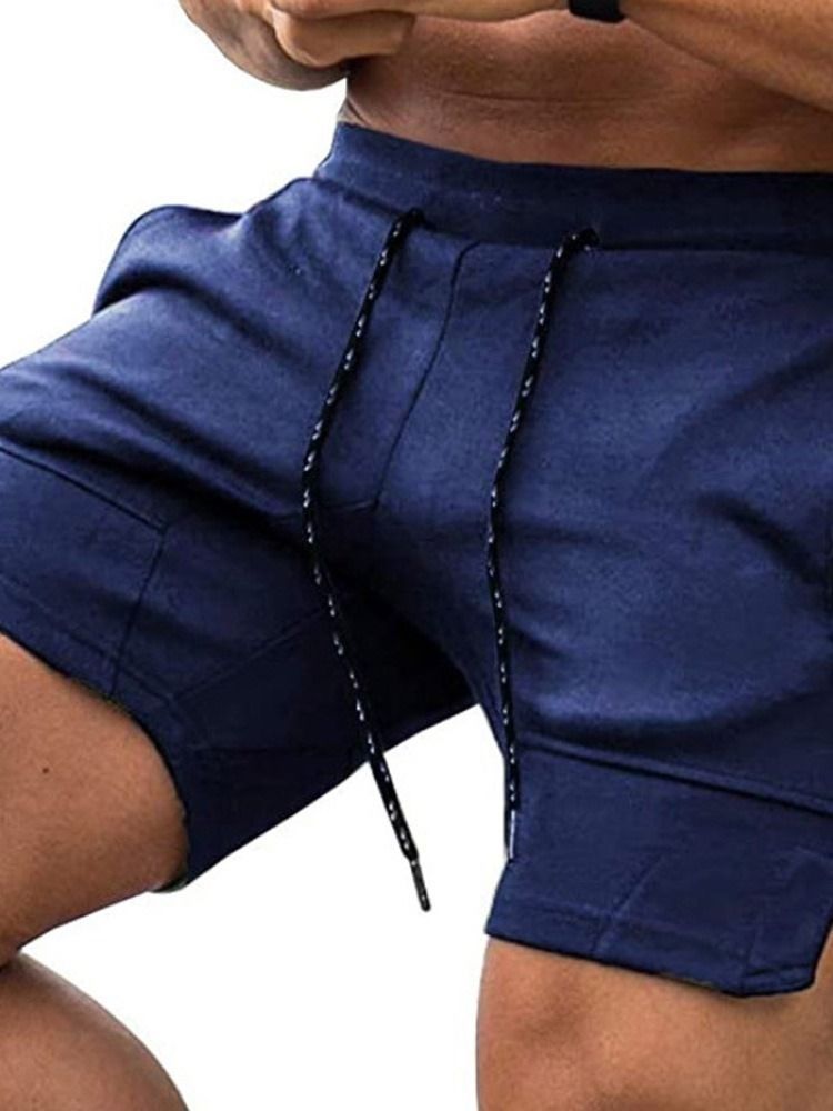 Plain Lace-up Straight Mid Waist Lace-up Herre Shorts