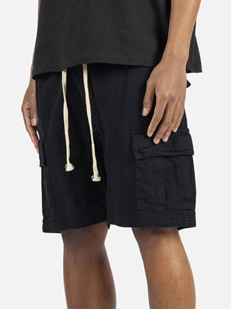 Plain Pocket Straight Lace-up Casual Shorts For Menn