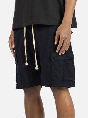 Plain Pocket Straight Lace-up Casual Shorts For Menn