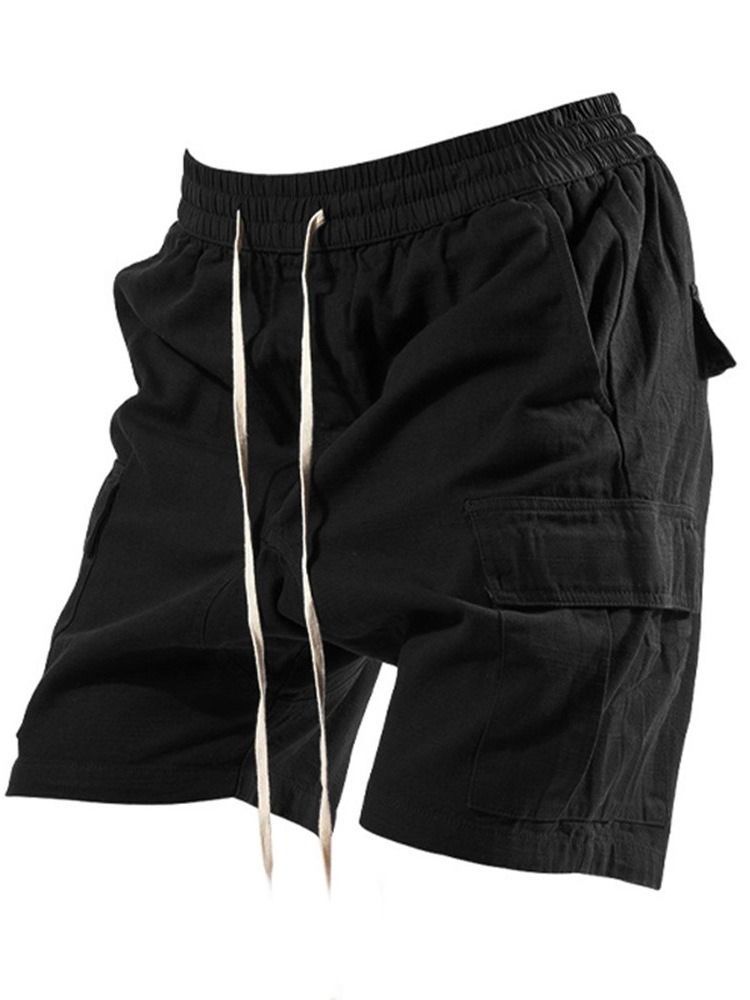 Plain Pocket Straight Lace-up Casual Shorts For Menn