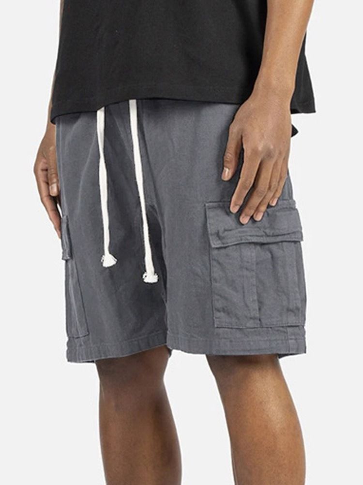 Plain Pocket Straight Lace-up Casual Shorts For Menn