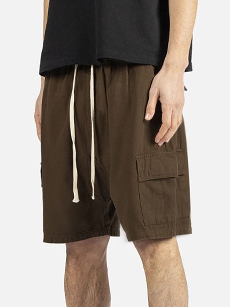 Plain Pocket Straight Lace-up Casual Shorts For Menn