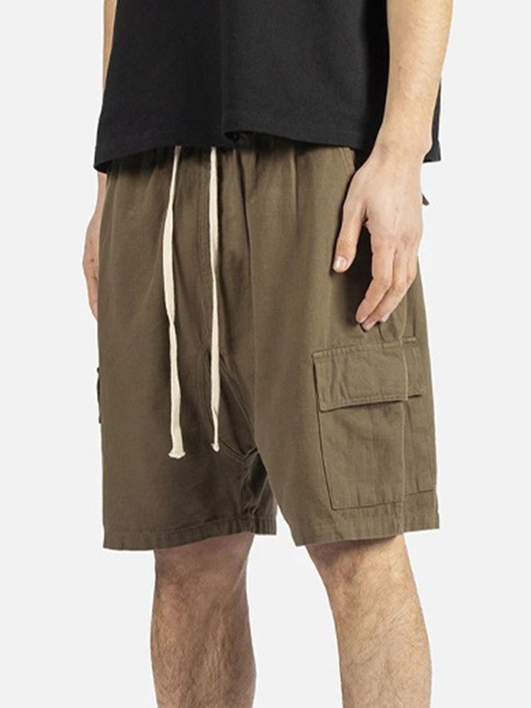 Plain Pocket Straight Lace-up Casual Shorts For Menn