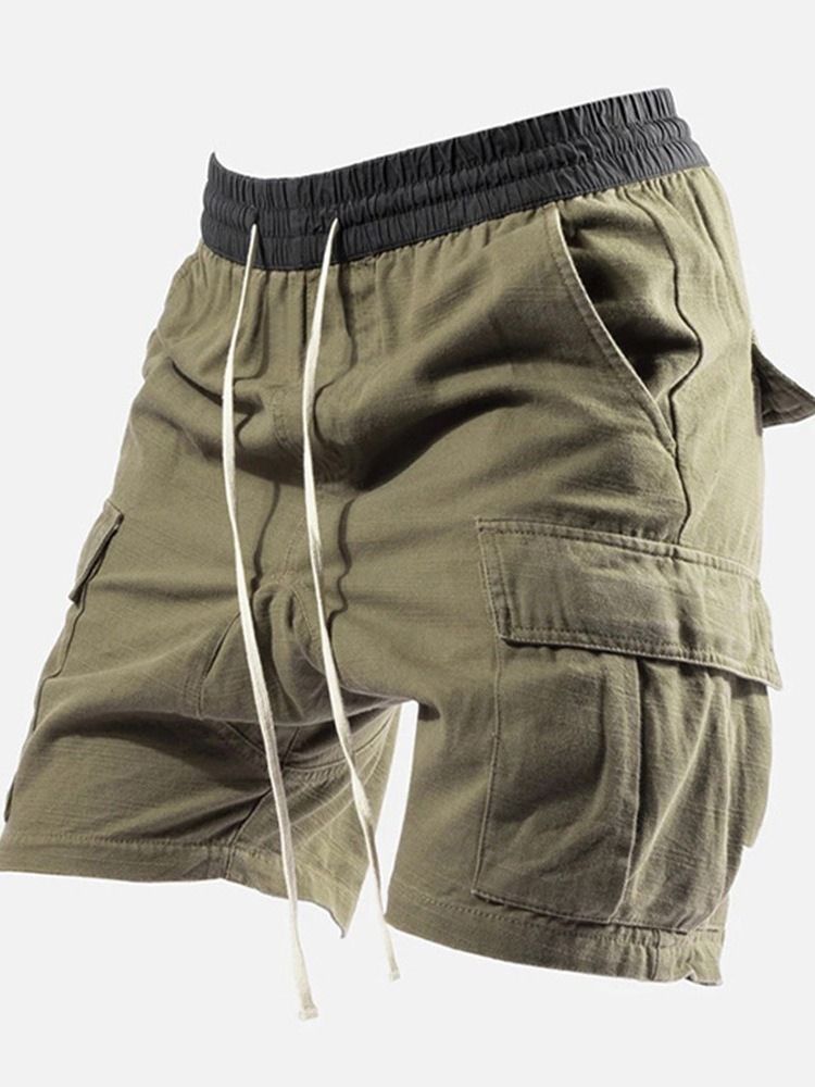 Plain Pocket Straight Lace-up Casual Shorts For Menn