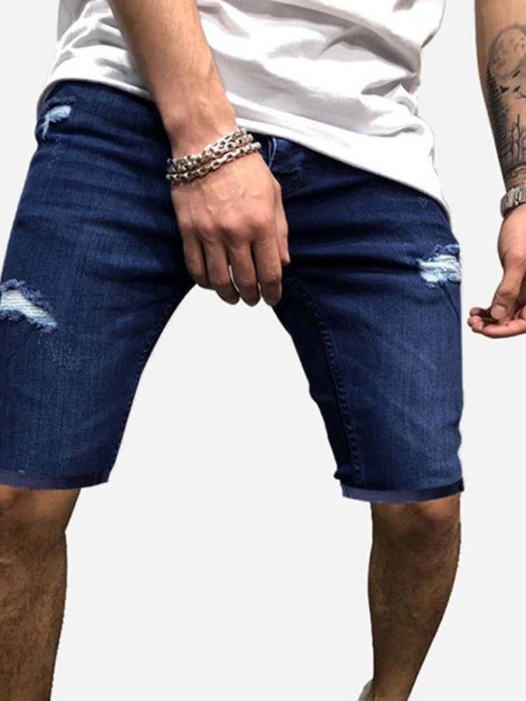 Plain Straight Hole Mid Waist Casual Men Slim Shorts