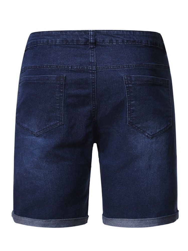 Plain Straight Hole Mid Waist Casual Men Slim Shorts