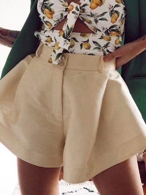 Plain Wide Legs Button Mid Waist Loose Dame Shorts