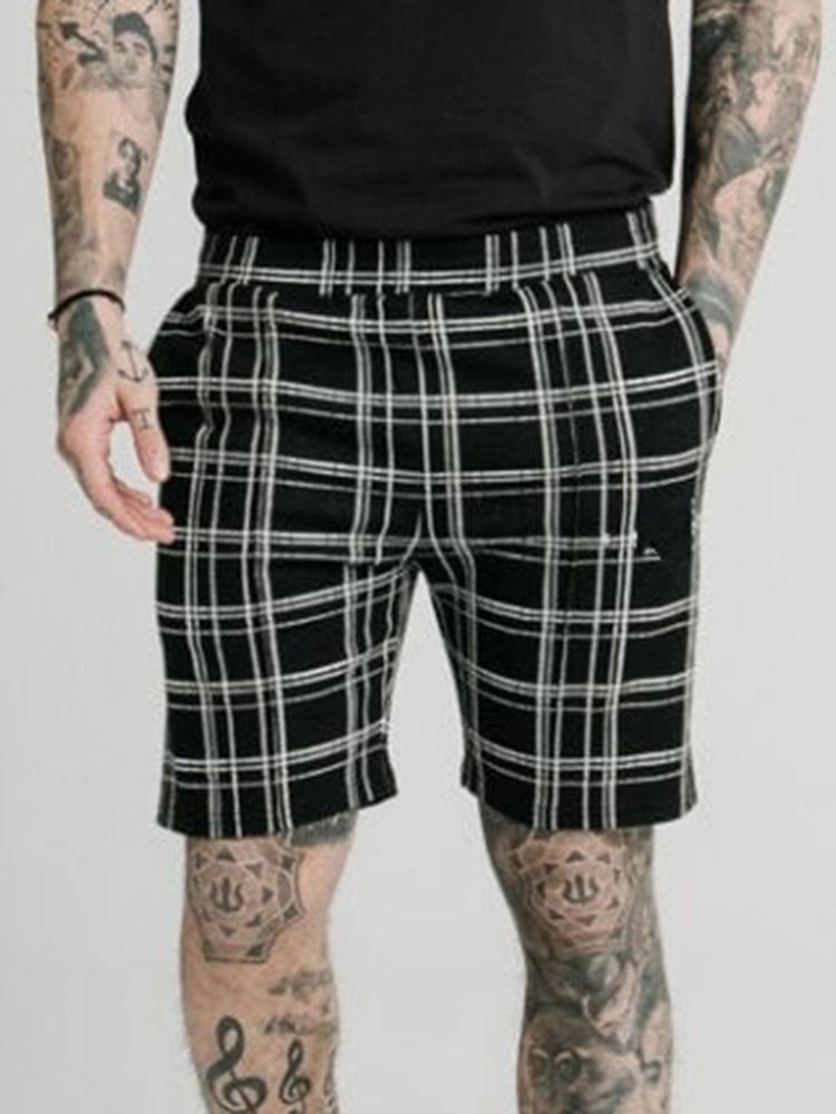 Pocket Plaid Straight Elastics Menns Casual Shorts